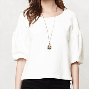 Anthropologie Leifnotes White Ribbed Balloon Sleeve 1/2 Sleeve Blouse, Size M